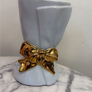 White Ceramic Vase with Gold Bow Accent